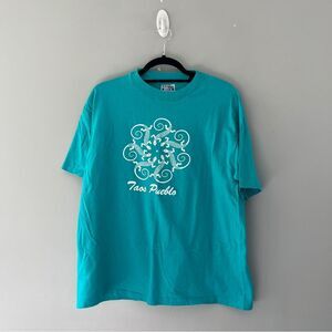 Vintage Blue Taos Pueblo Lizard Print Graphic T-shirt Crew Neck Cotton Size XL